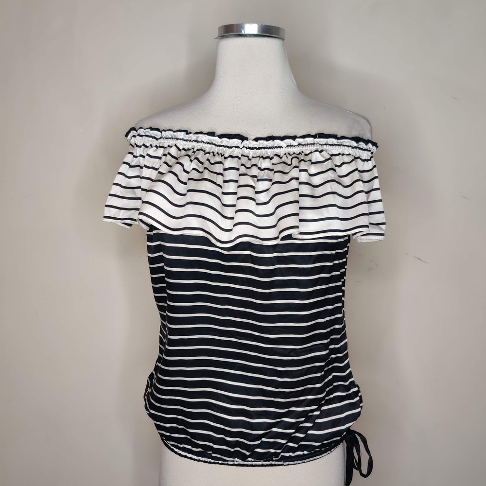 White House Black‎ Market Silk Blouse Off Shoulder Stripe